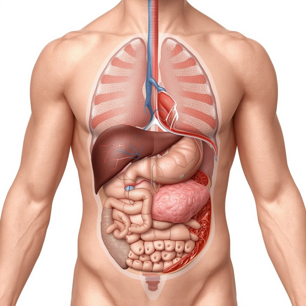 Ilustración médica del abdomen humano que señala los órganos del lado derecho como hígado, vesícula, apéndice y riñón.