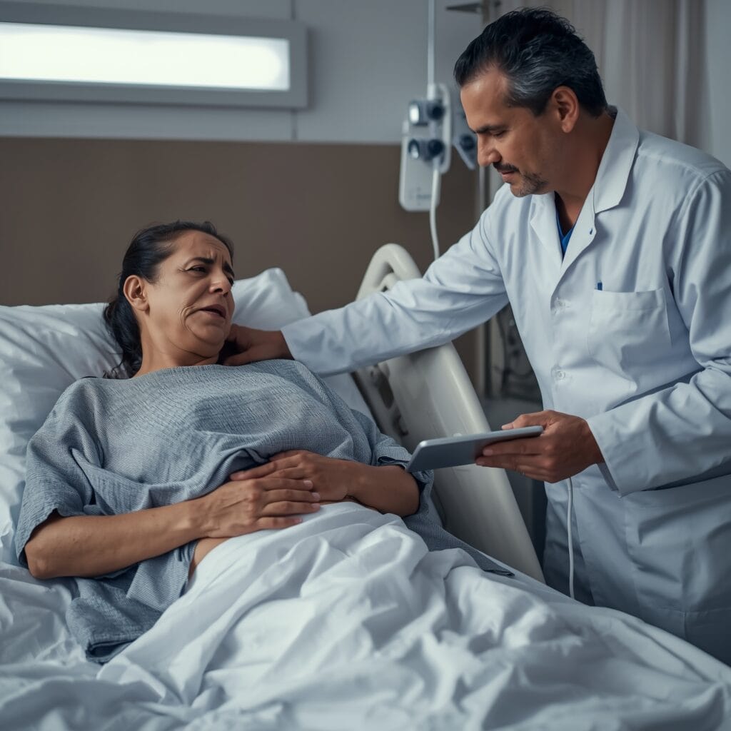 Mujer con dolor abdominal fuerte en el lado derecho atendida por un médico en urgencias.