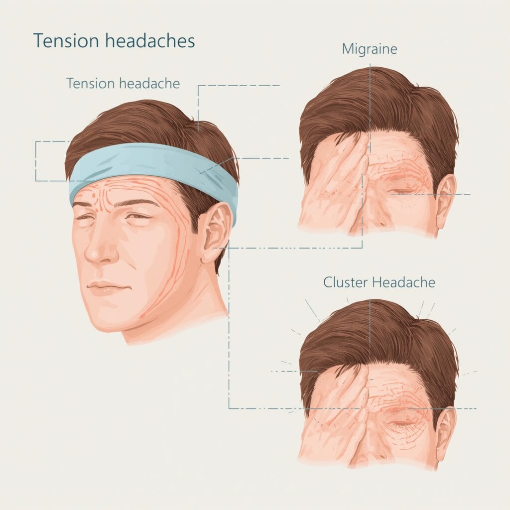 Infografía de tipos de dolor de cabeza: cefalea tensional, migraña y cefalea en racimos.